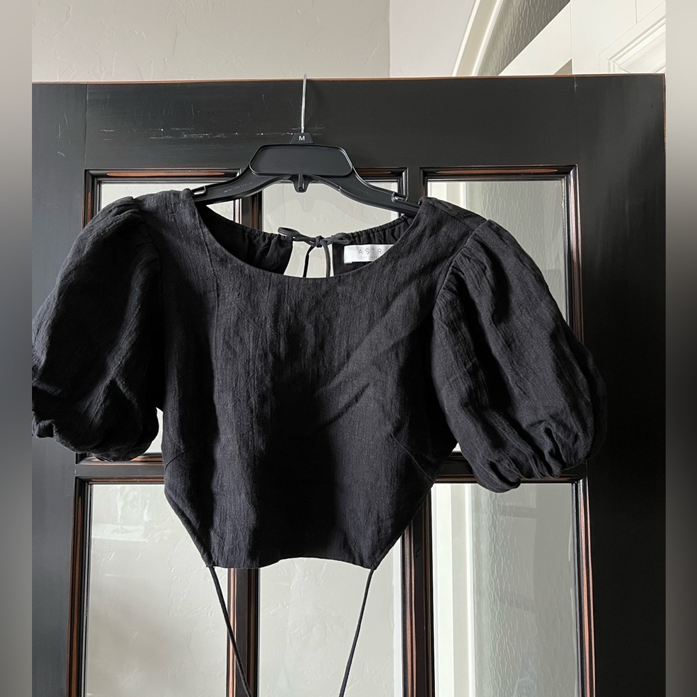 Astr the Label Simona crop top women’s black linen tie back short sleeve XS - Picture 4 of 7